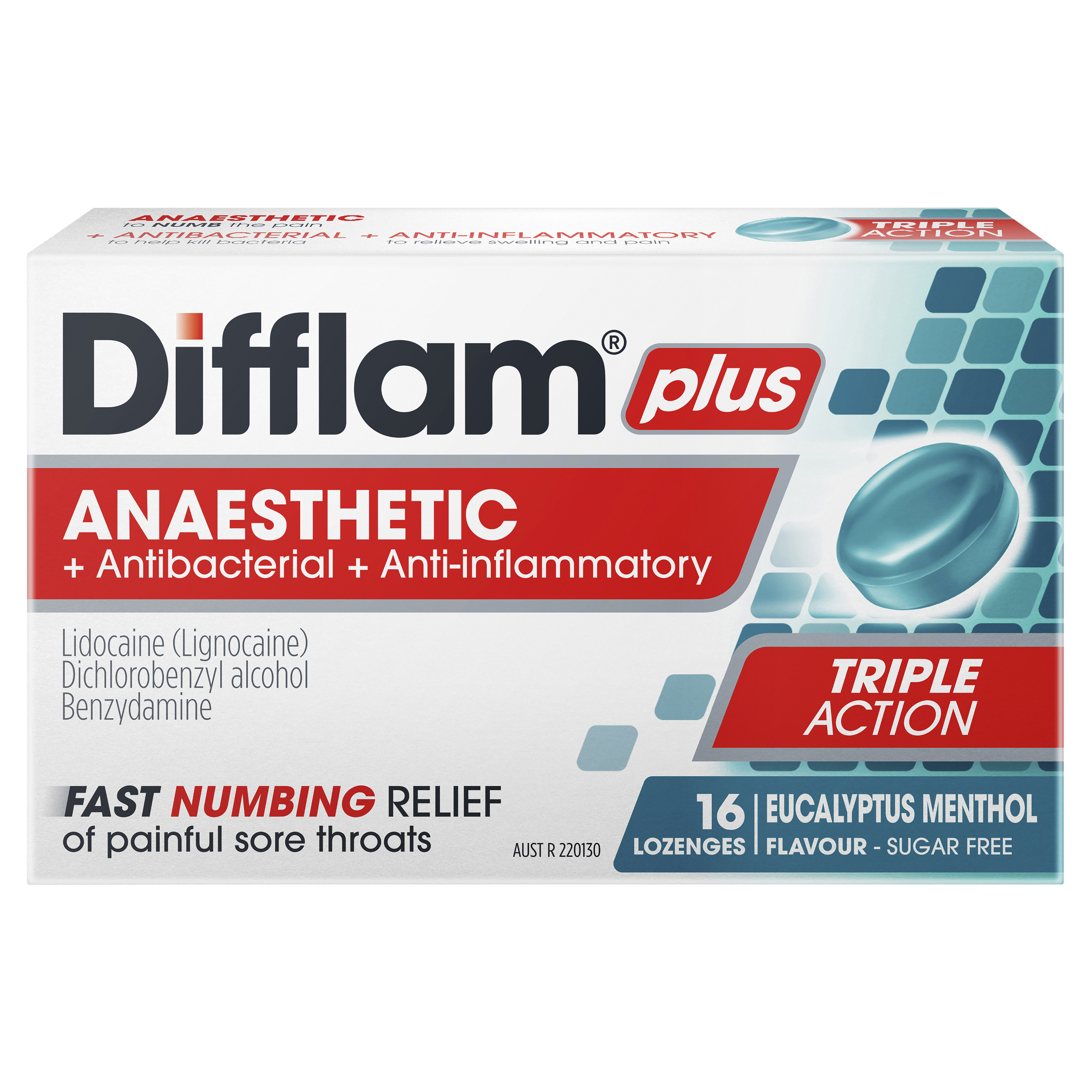 Difflam Plus Anaesthetic Sore Throat Pack  Eucalyptus Menthol Flavour 16 Pack 