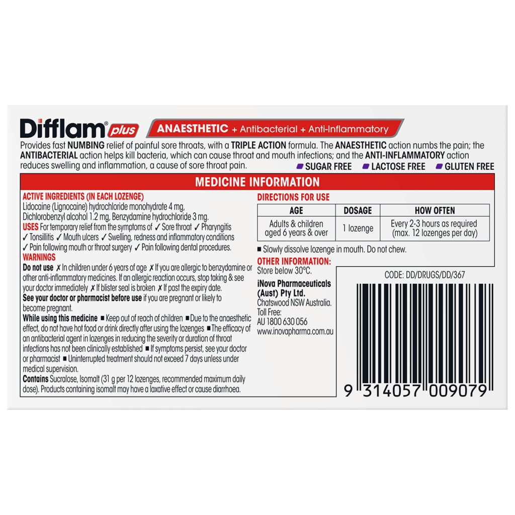 Difflam Plus Anaesthetic Sore Throat Lozenges Blackcurrant Flavour