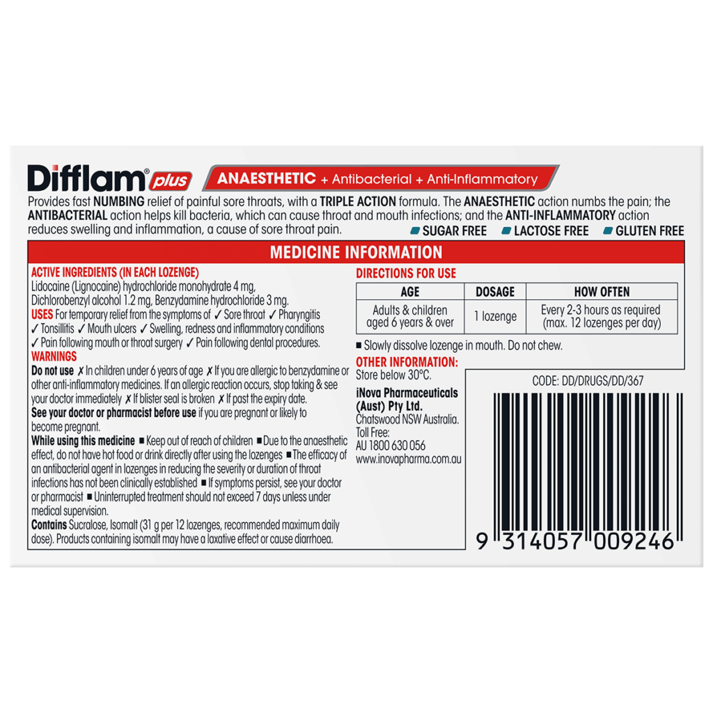 Difflam Plus Anaesthetic Sore Throat Lozenges Eucalyptus & Menthol Flavour