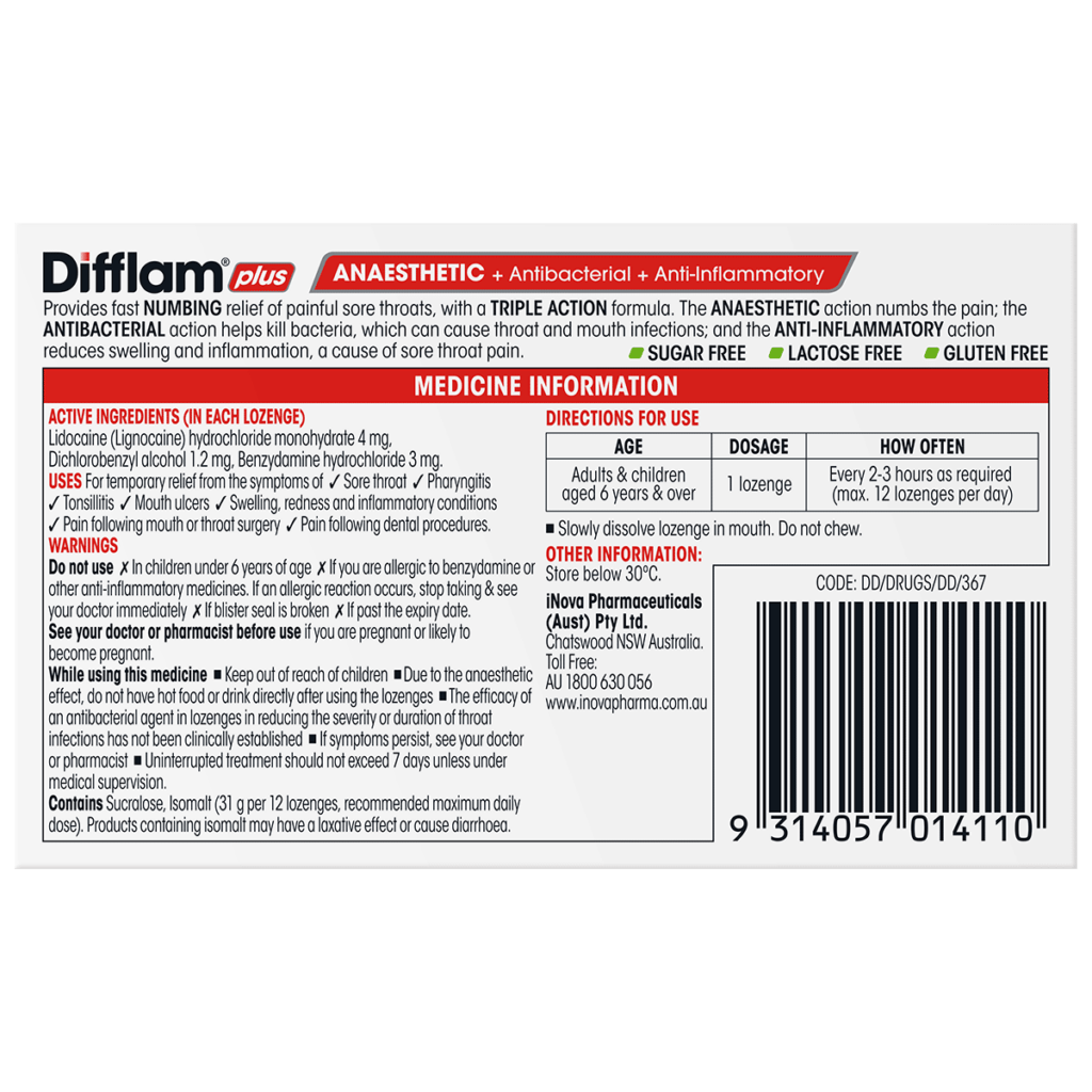 Difflam Plus Anaesthetic Pineapple And Lime Lozenges