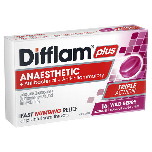 Difflam Plus Anaesthetic Sore Throat Pack  Wild Berry Flavour