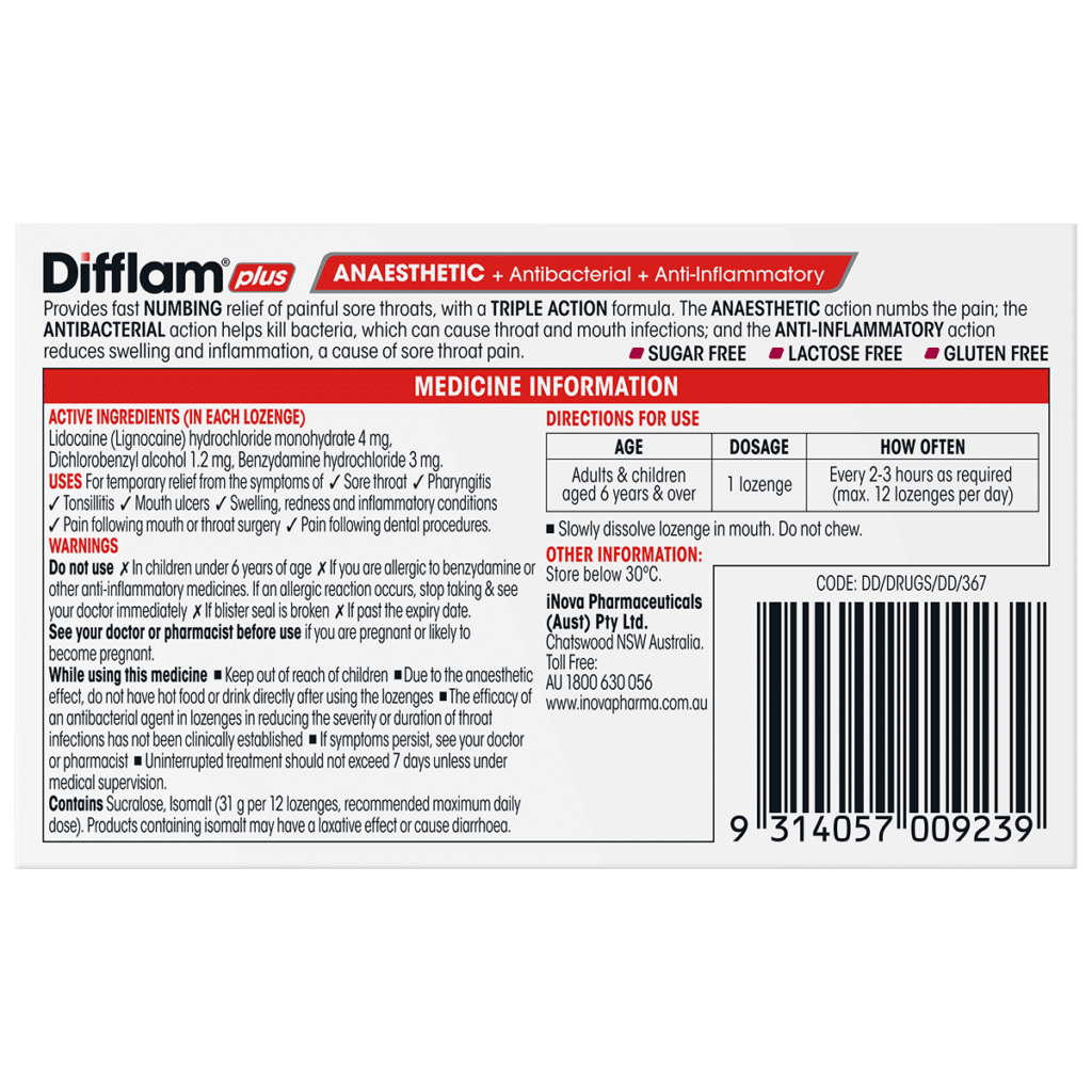 Difflam Plus Anaesthetic Sore Throat Lozenges Wild Berry Flavour 16