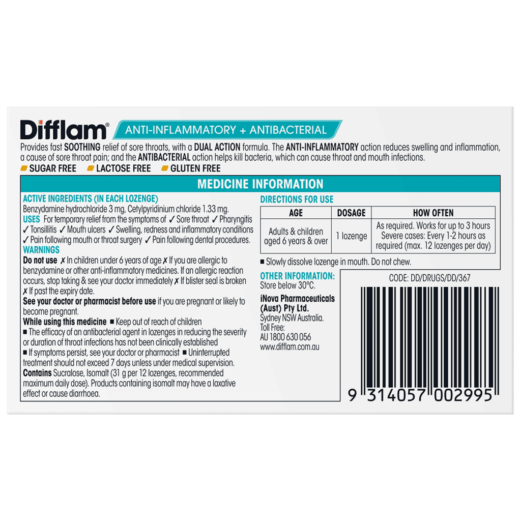 Difflam Sore Throat Lozenges Honey & Lemon Flavour 16