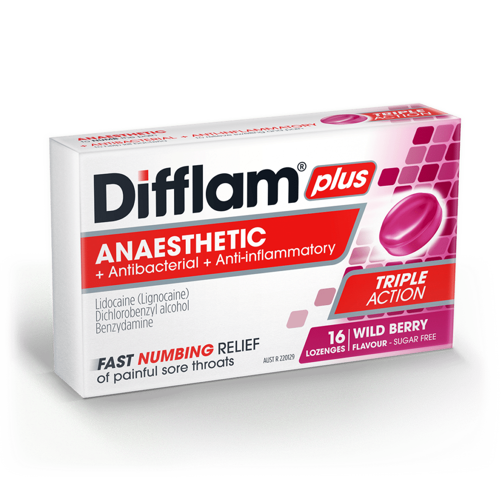 Difflam Plus Anaesthetic Sore Throat Lozenges Wild Berry Flavour 16