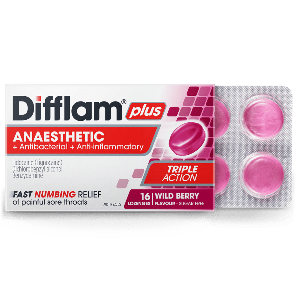 Difflam Plus Anaesthetic Sore Throat Lozenges Wild Berry Flavour 16