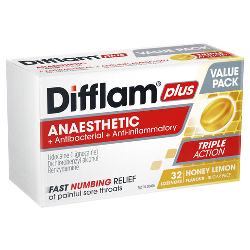 Difflam Plus Anaesthetic Sore Throat Pack  Honey and Lemon Flavour 32 Pack 