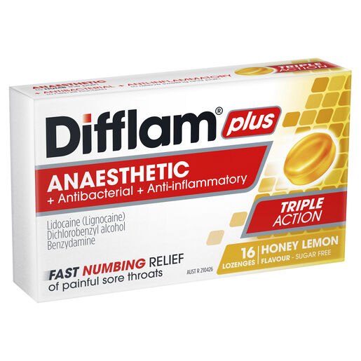 Difflam Plus Anaesthetic Sore Throat Lozenges Honey & Lemon Flavour 16s