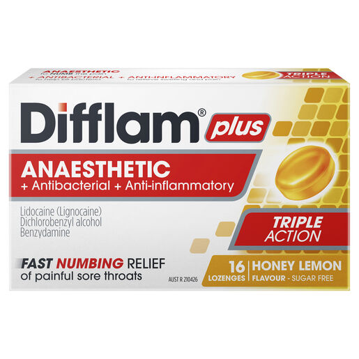 Difflam Plus Anaesthetic Sore Throat Lozenges Honey & Lemon Flavour