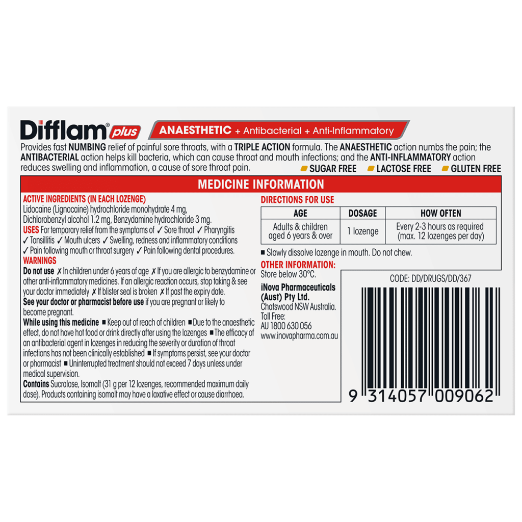 Difflam Plus Anaesthetic Sore Throat Lozenges Honey & Lemon Flavour