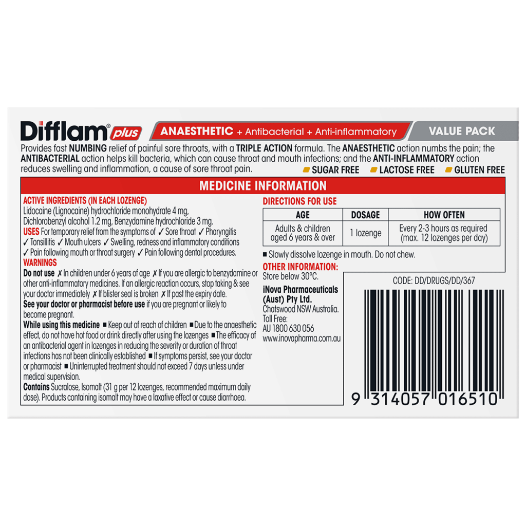 Difflam Plus Anaesthetic Honey and Lemon Lozenges