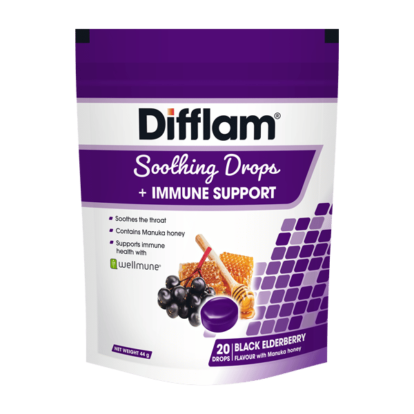 Difflam Soothing Drops + Immune Support Black Elderberry Flavour 20s