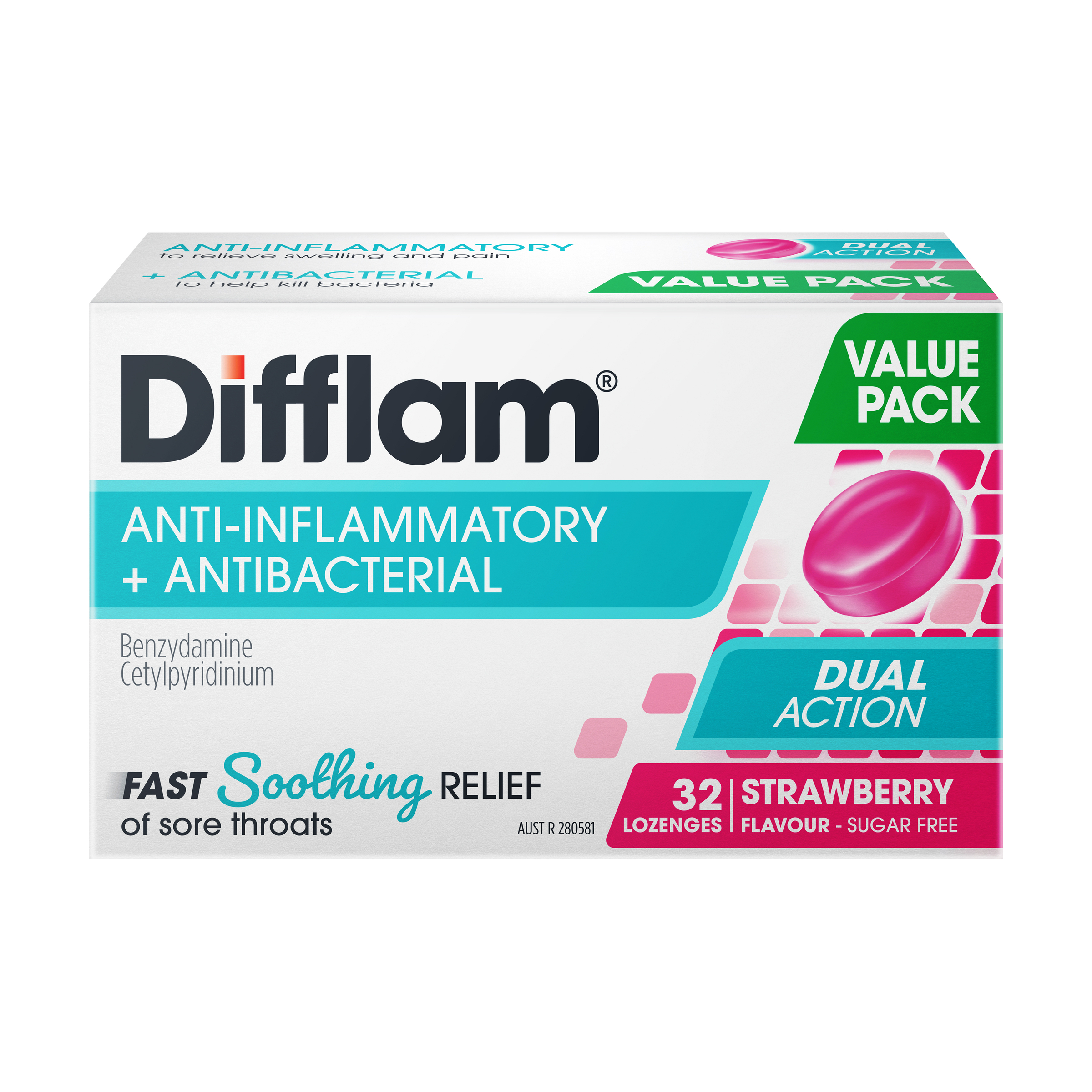Difflam Sore Throat Pack  Strawberry 32 Pack 