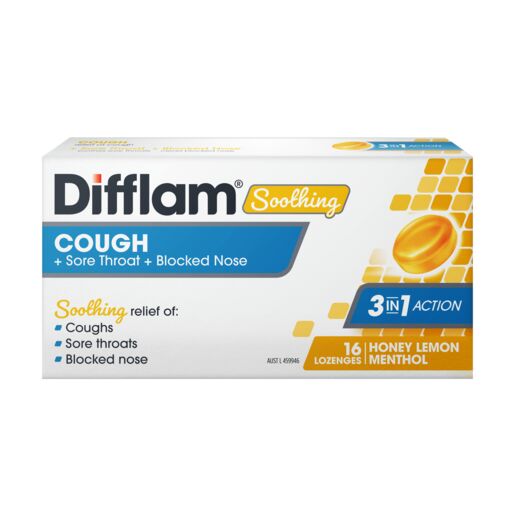 Difflam Soothing Cough + Sore Throat + Blocked Nose Lozenges Honey Lemon Menthol