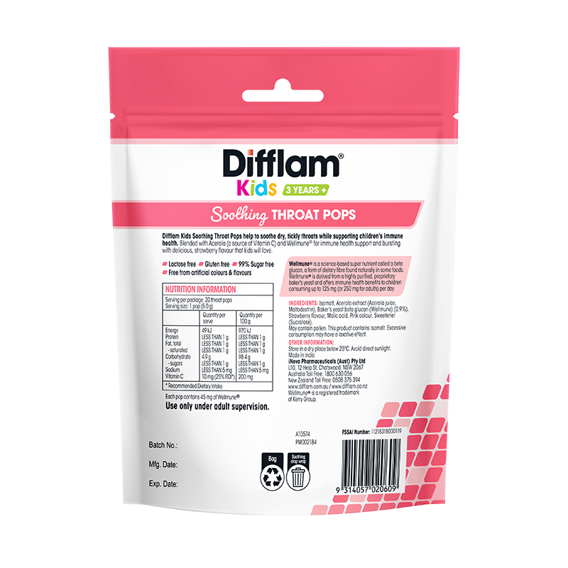Difflam Kids Soothing Throat Pops Strawberry 20 Lollipops