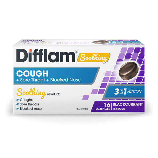 Difflam Soothing Cough + Sore Throat + Blocked Nose Pack  Blackcurrant